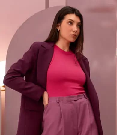 Woman wearing a blazer available for custom printing